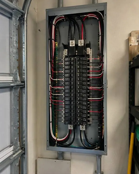 Newly installed 200 amp electrical panel with the cover open, neatly routed red, white and black wiring and labeled breakers, mounted on a garage wall next to the garage door.