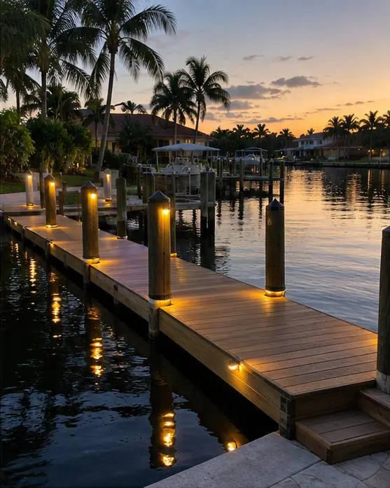 Wooden dock on a canal at dusk with warm lights glowing on top of each piling and small step lights along the edge, palm trees and waterfront homes in the background.