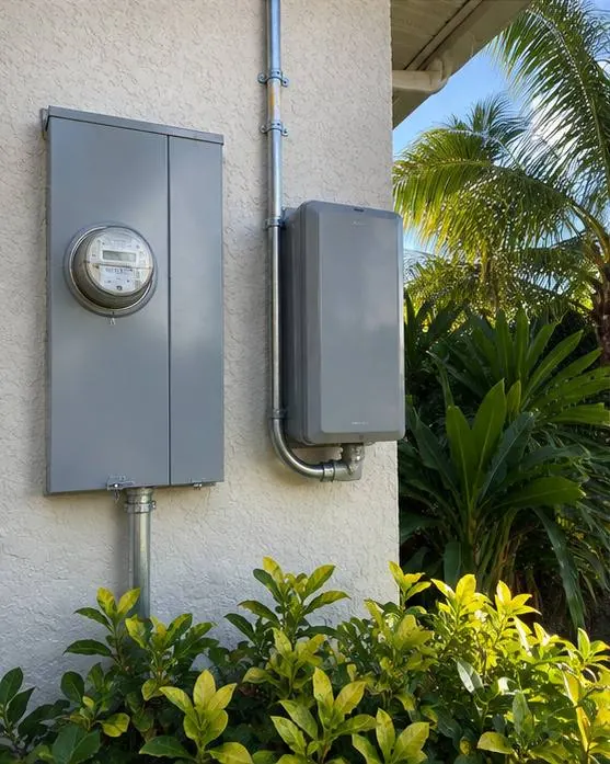 Whole-home surge protector mounted next to the electric meter on a stucco exterior wall, connected by neat metal conduit, with tropical plants and a palm tree beside the house.