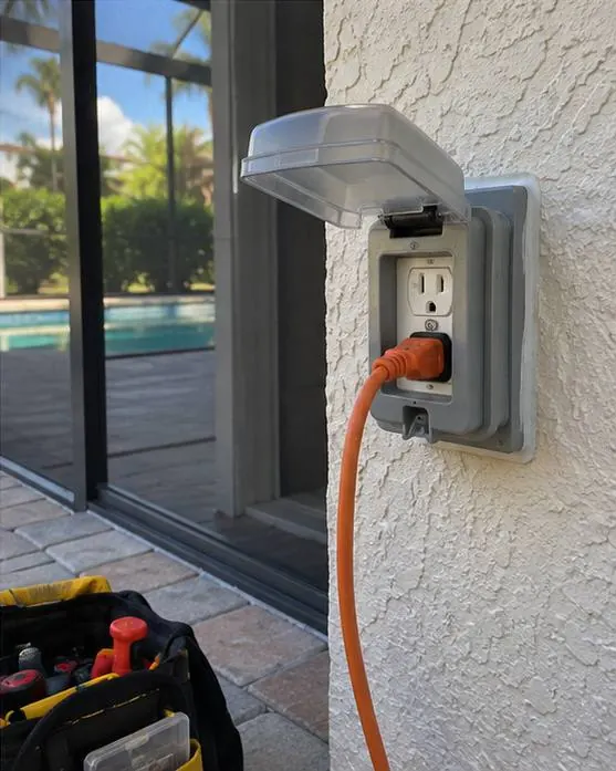 New weatherproof outdoor outlet with a clear in-use cover on a textured stucco wall beside a screened pool lanai, an orange extension cord plugged in and an electrician's tool bag on the pavers.
