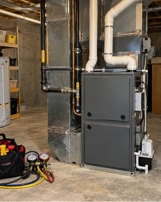 New high-efficiency gas furnace installed in an unfinished basement with white PVC venting, gas line and condensate pump, a refrigerant gauge set and tool bag on the concrete floor.