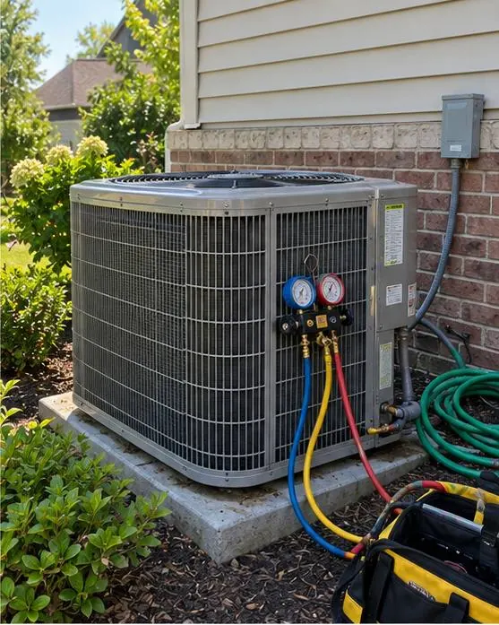 Outdoor AC condenser on a concrete pad beside a brick and siding house, refrigerant gauges connected with blue, yellow and red hoses, a garden hose coiled nearby and shrubs around the unit.