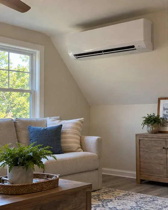 White ductless mini-split unit mounted high on the wall of a bright bonus room with a sloped ceiling, a sofa with throw pillows, a window and a wooden side cabinet.