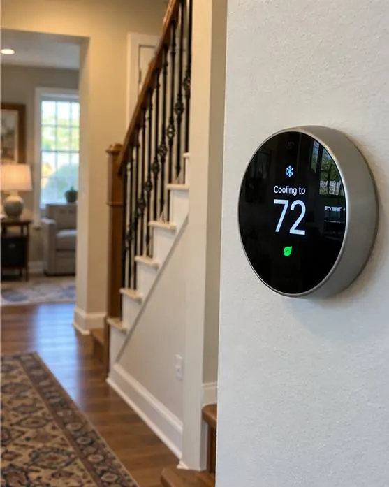 Round smart thermostat on a hallway wall showing cooling to 72 degrees, with a wooden staircase and a rug-lined hallway in the background.
